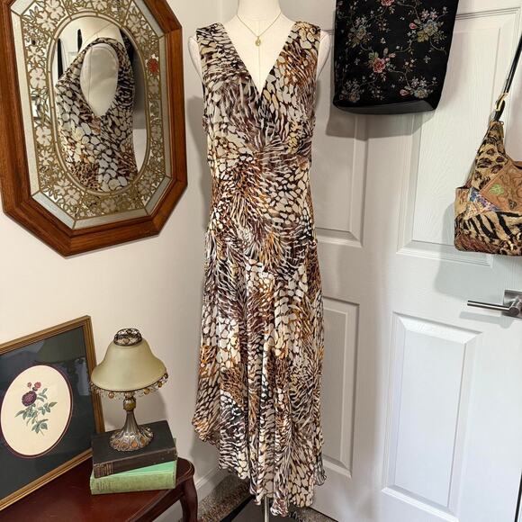VTG Y2K Chris McLaughlin Brown Animal Print Patchwork Asymmetrical Midi Dress 14 - Picture 1 of 7